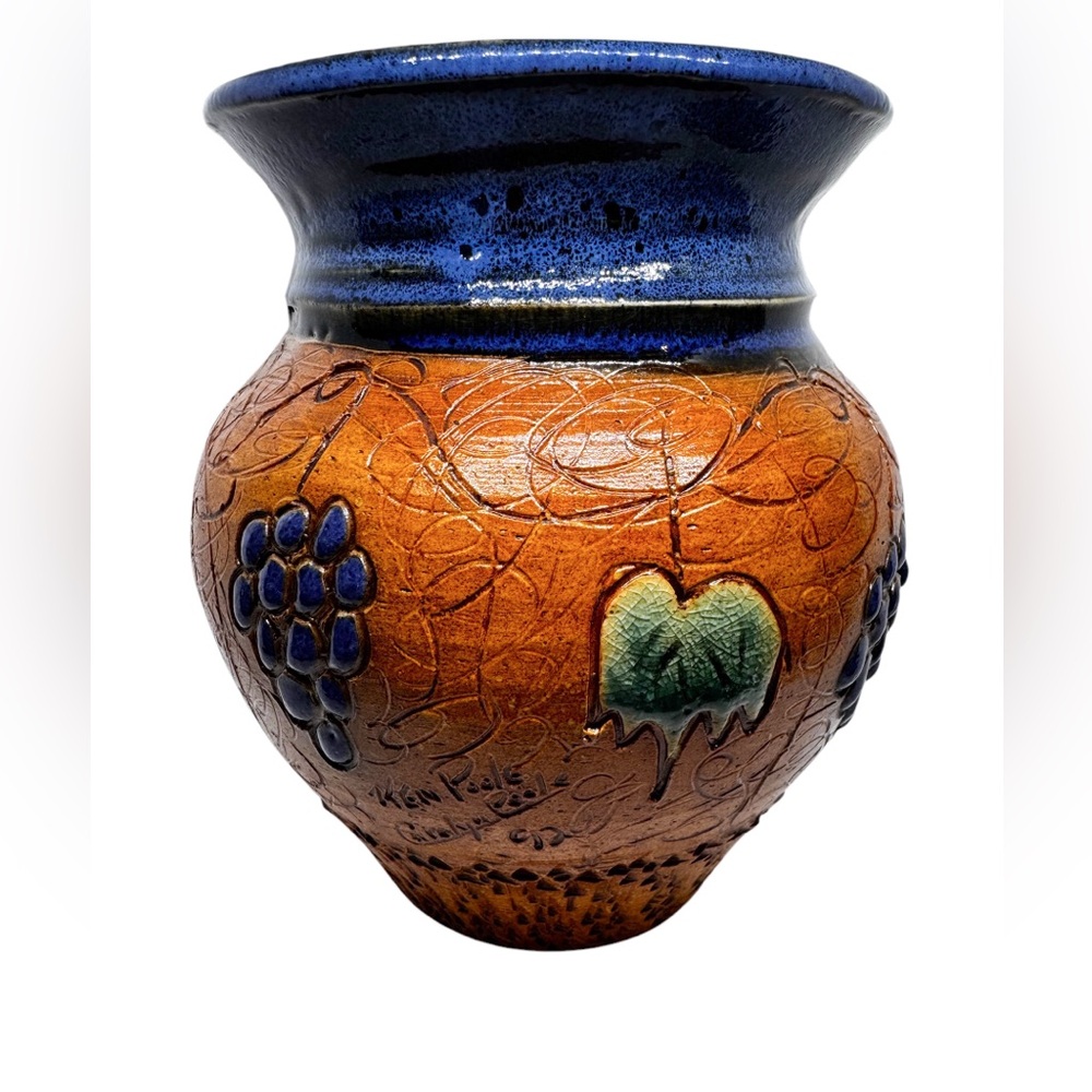 Rockhouse Pottery Vase Signed Ken Carolyn Poole Grapes Seagrove NC Vtg 1992